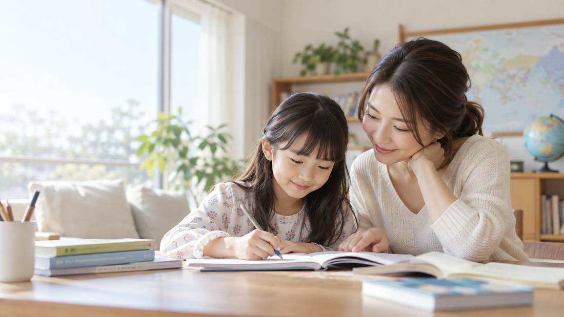 엄마와 아이가 집에서 함께 공부하는 따뜻한 모습